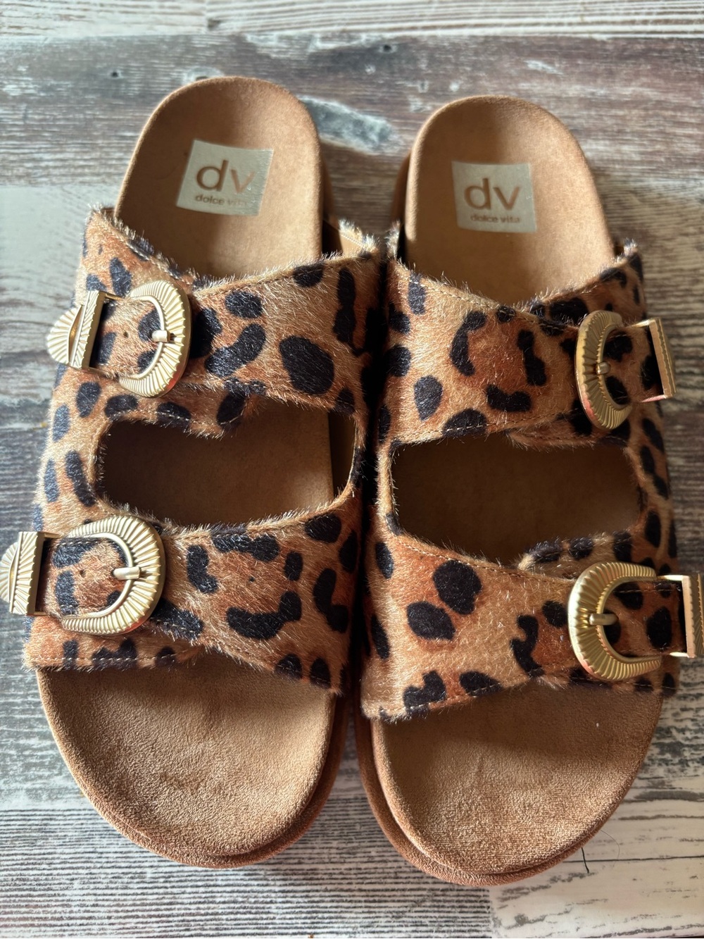Dolce Vita Leopard Print Buckle Slide Sandals - Brown/Black